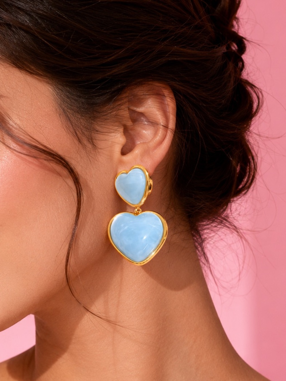 Sky Blue Heart Gold  Statement Drop Earring